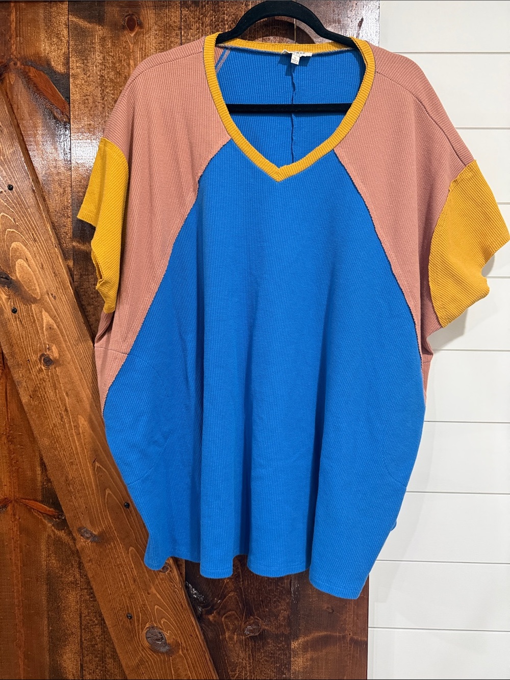 Colorblock V-Neck Women's Tunic in Blue, Dusty Pink & Mustard
